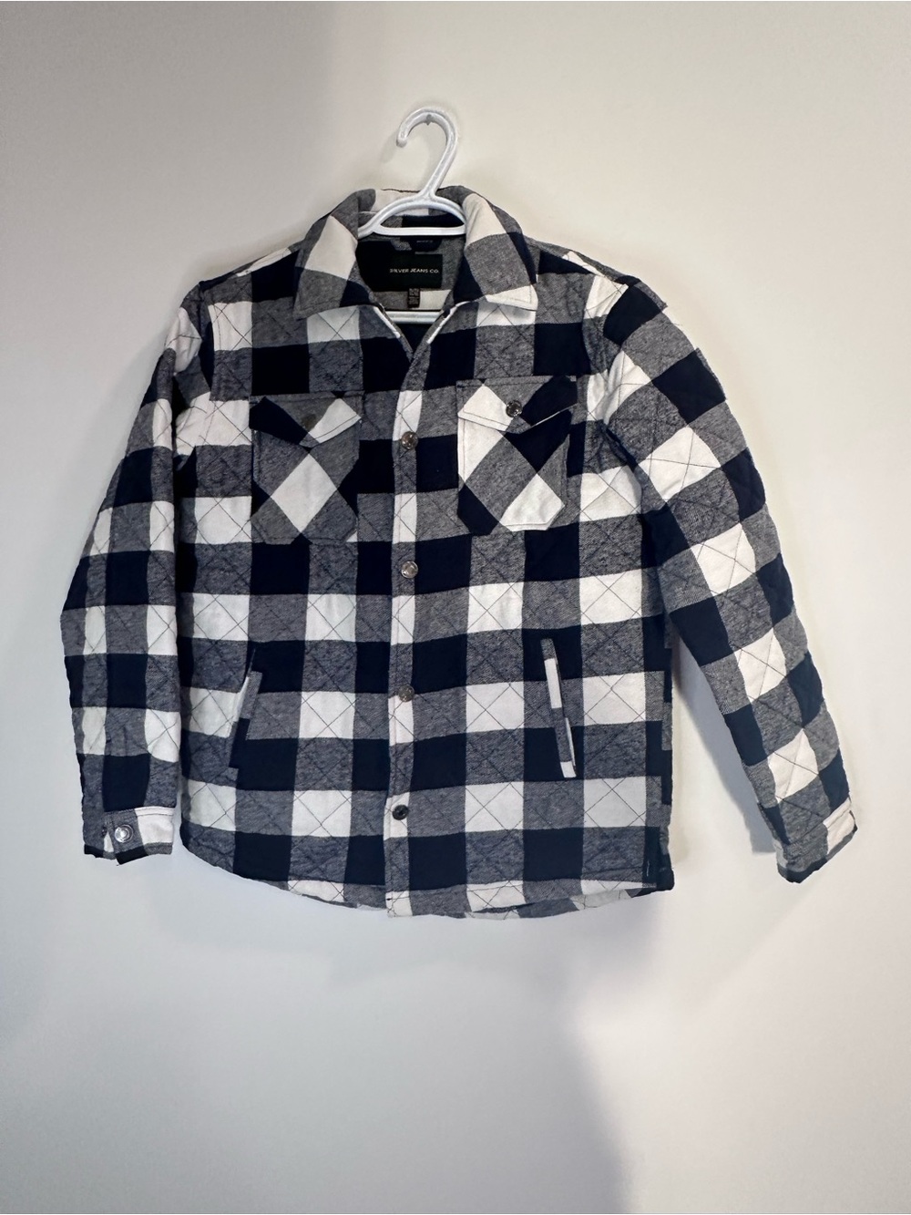 Silver Jeans Dark Blue and White Plaid Quilted Jean Jacket